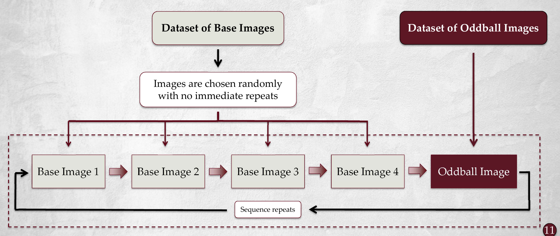Flow diagram showing four randomly selected base images followed by one oddball image, after which the sequence repeats.