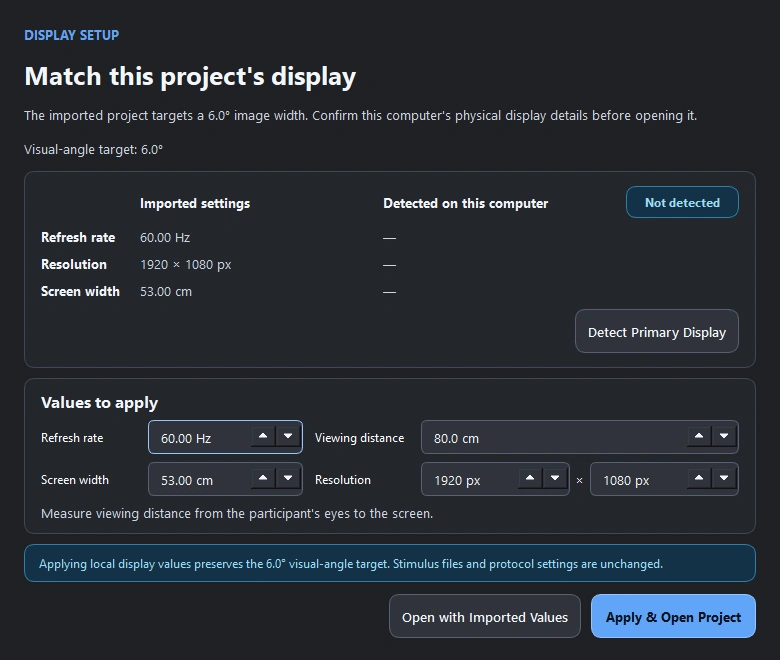 FPVS Studio display setup dialog with refresh rate, viewing distance, screen width, resolution, and Apply and Open Project controls.