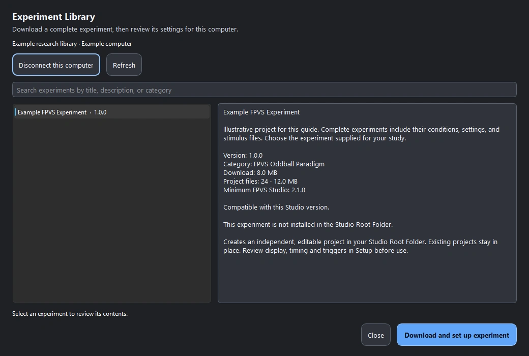 Experiment Library with a sample experiment selected, its description and version requirements, and the Download and set up experiment button.
