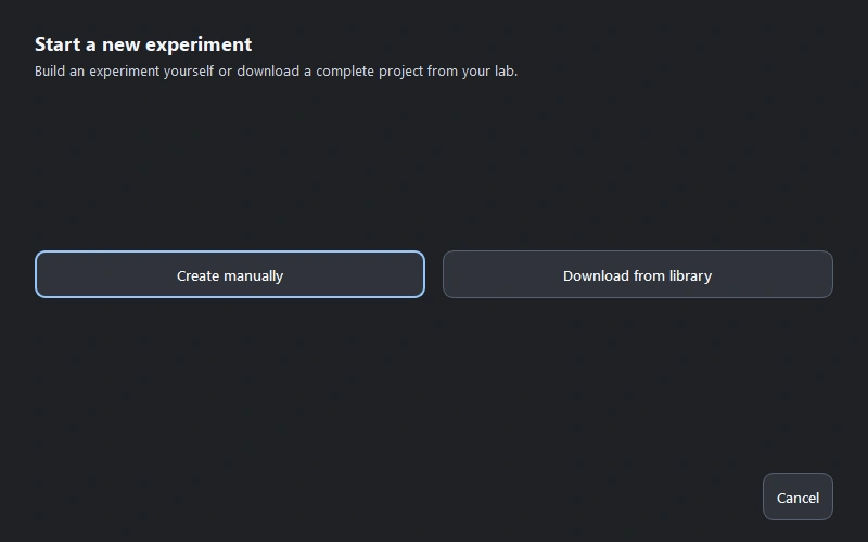 FPVS Studio project setup dialog with Create manually and Download from library buttons.