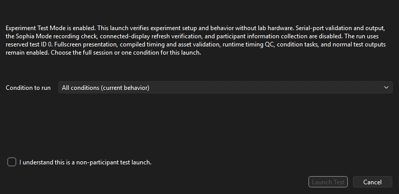 Experiment Test Launch dialog showing the condition selector, non-participant test acknowledgement, and Launch Test button.